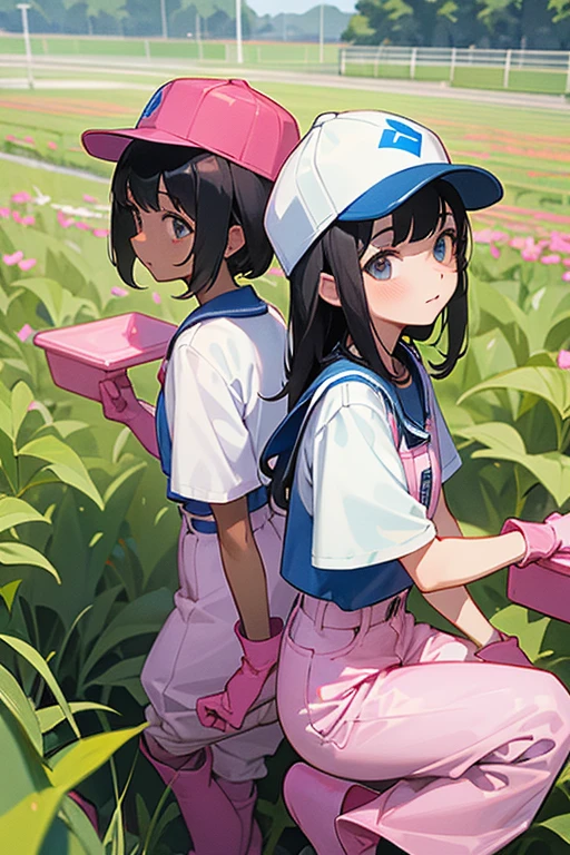 A pair of black-haired elementary school girls wearing blue shorts, white short-sleeved shirts and baseball caps are working in the fields wearing large pink rubber gloves and white rubber boots.