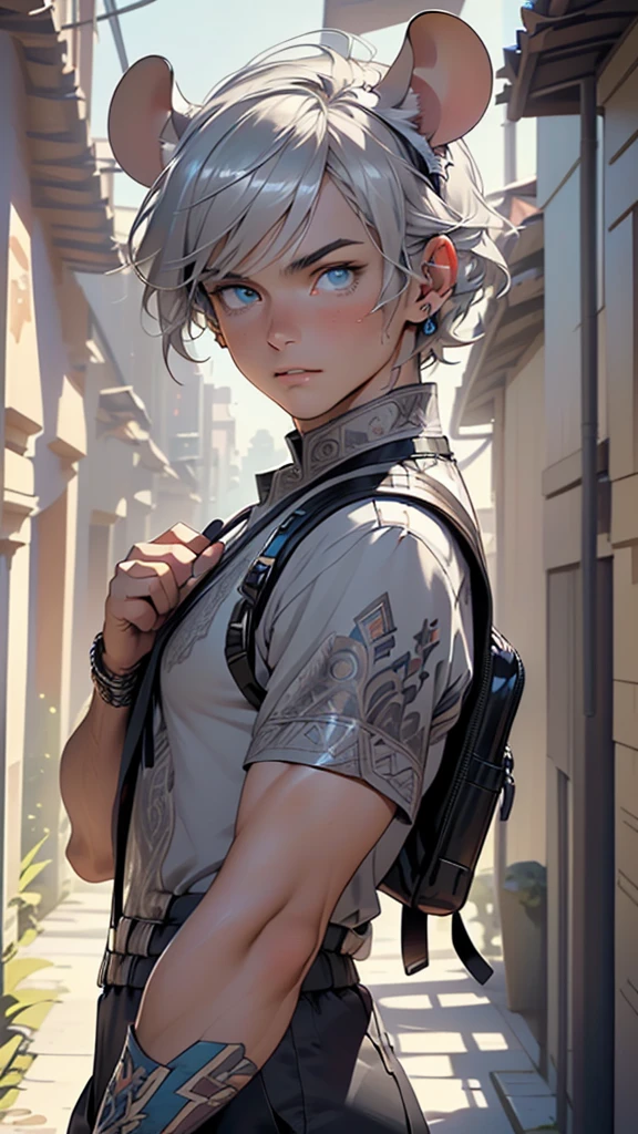 ((man with mouse ears)),(man:1.5),1 man,adventure man,(((1man))),((man with gray hair)),((((mouse ears,mouse ears on head,big mouse ears)))),
16 years old, male character, gray hair, ((slightly short hair:1.3)),adventurer,muscular body,heavy muscular body,((adventurer mouse man)),
(((1male,male,male gender:1.5,male focus))),macho man,hero,
(((lustrous skin:1.5,tanned skin,bright skin: 1.5,skin tanned,shiny skin,very shiny skin,shiny body,illuminated skin))),(((blue_eyes:1.2))),intricate eyes,beautiful detailed eyes,symmetrical eyes,((man chest)),((muscular)),(((detailed face))),
nsfw,
((backpack on his back, wearing adventure gear,hiking clothes,Wearing adventurous gear)),((intricate outfit,intricate clothes,embroidered outfit,ornate outfit,embroidered clothes,ornate clothes,silver embroidery)),
(dynamic pose:1.0),solo focus,((smug)),(centered,scale to fit dimensions,Rule of thirds),
inside,indoor,((palace in Russia, palace in Russia background)),scenery:1.25,((intricate scenery)),
(Glossy Russian ornaments),highres,sharp focus,(ultra detailed,extremely detailed),(photorealistic artwork:1.37),(extremely detailed CG unity 8k wallpaper),(((vibrant colors,vibrant theme))),(intricate),(masterpiece),(best quality),artistic photography,(photography taken by sldr),(intricate background),perfect rendered face,perfect face details,realistic face,photo realistic,((intricate detail)),(((realism))),