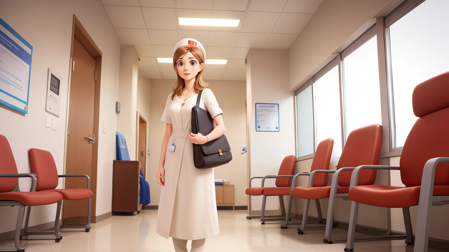 a nurse with a white hijab calls the patient, doctor's waiting room is clean and comfortable.