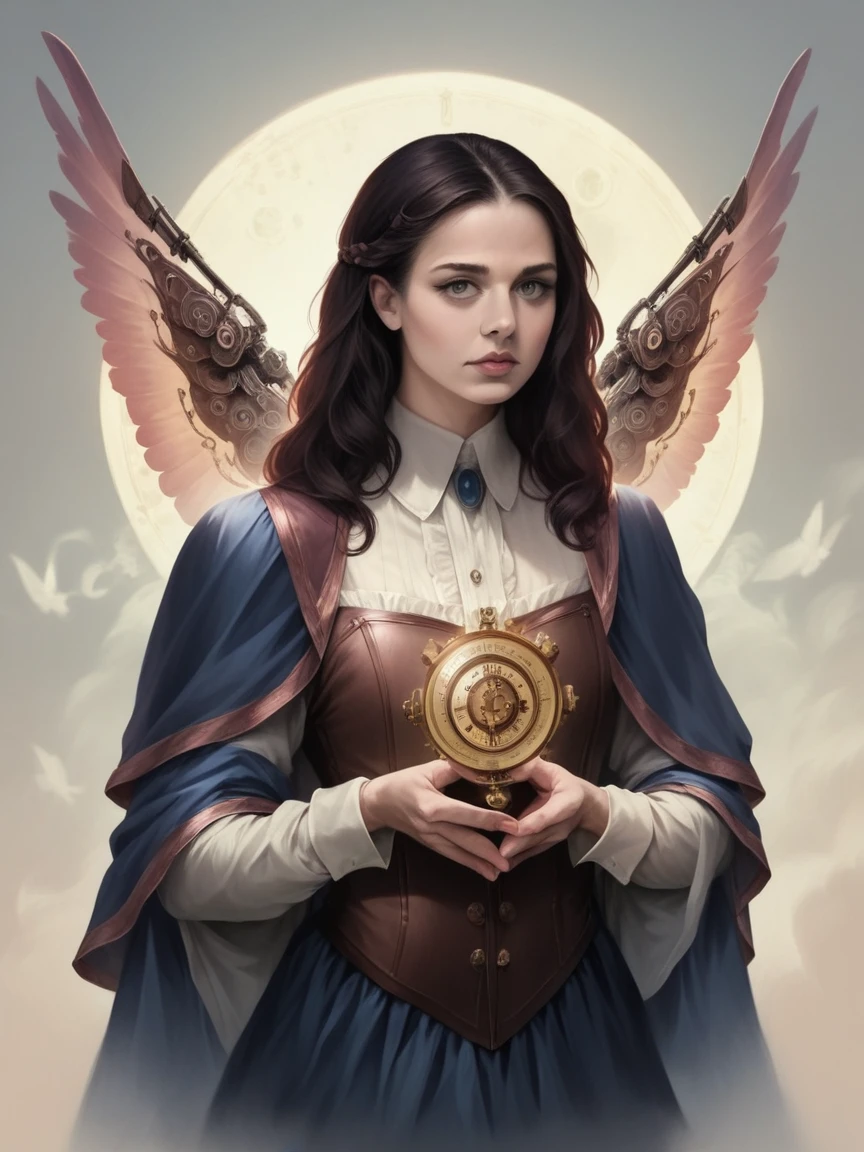 1girl, detailed beautiful eyes, detailed beautiful lips, extremely detailed face and eyes, long eyelashes, holding compass in hand, intricate mechanical wings, steampunk style, cinematic lighting, dramatic shadows, vivid colors, muted tones, fantasy, digital art, (best quality,4k,8k,highres,masterpiece:1.2),ultra-detailed,(realistic,photorealistic,photo-realistic:1.37),concept art,highly detailed