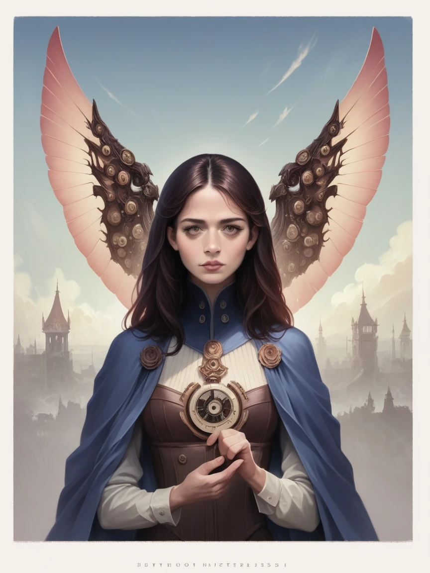 1girl, detailed beautiful eyes, detailed beautiful lips, extremely detailed face and eyes, long eyelashes, holding compass in hand, intricate mechanical wings, steampunk style, cinematic lighting, dramatic shadows, vivid colors, muted tones, fantasy, digital art, (best quality,4k,8k,highres,masterpiece:1.2),ultra-detailed,(realistic,photorealistic,photo-realistic:1.37),concept art,highly detailed