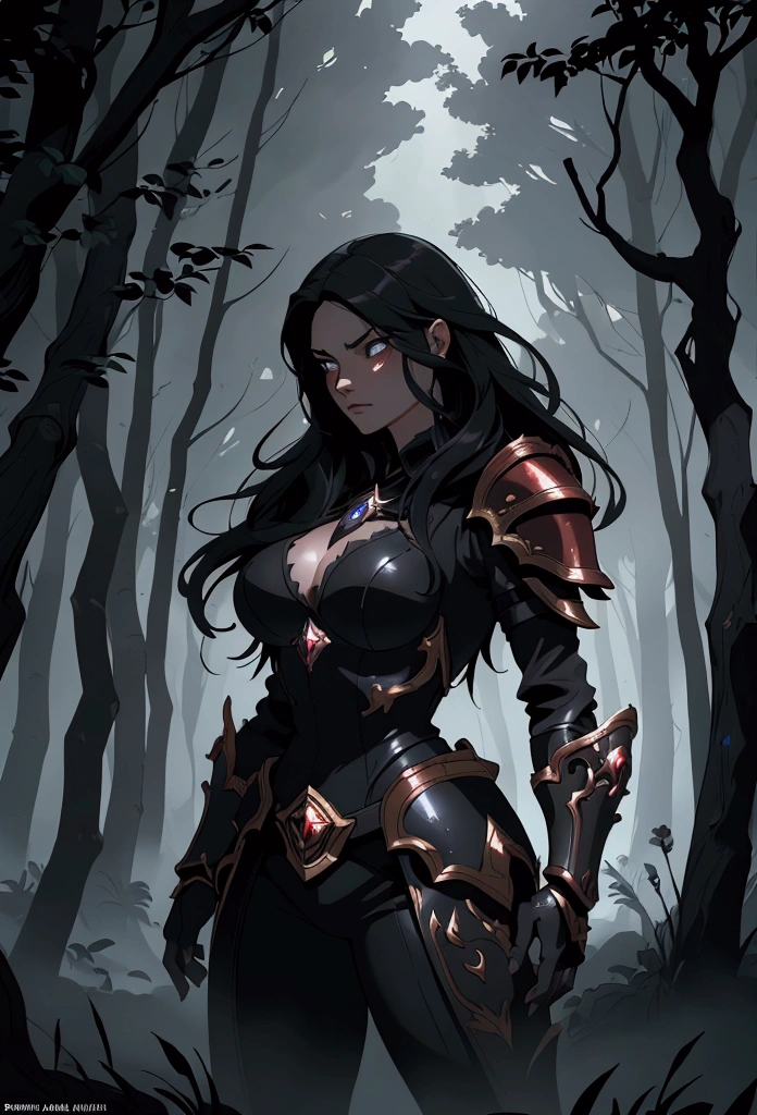 Masterpiece, highest quality, ultra detailed, conceptual art, illustration, digital art, solo, young  hidden in the forest, surrounded by black smoke and ash (angry expression), long black hair, red irises, black armor, incredibly beautiful, beautiful eyes, dynamic pose, ready for battle stance, elegant pose, fire, black smoke, HDR, bloom, moody, dimming of illumination, lit from the background, cinematic lighting, soft lighting, natural lighting, dramatic lighting, dark and mysterious, intricate, very detailed, trending on ArtStation, league of legends splashart