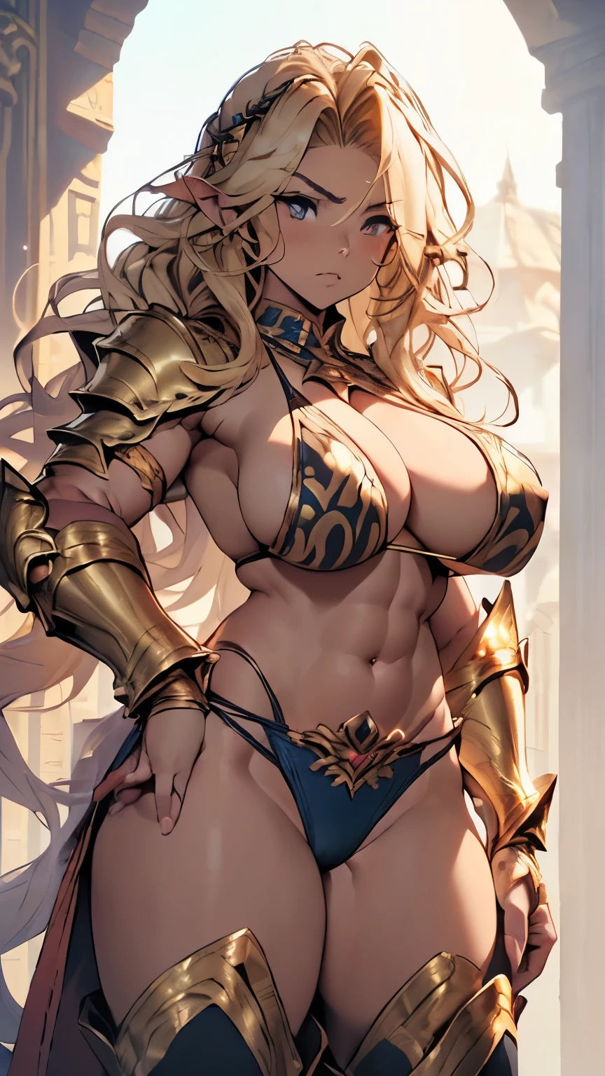 Golden wavy hair、Dark Elf、(Amazoness、Bodybuilder、muscle)、((Huge breasts:1.5)、(small string bikini:1.3)、(Underboob、Sideboob、Cleavage、Camel toe)、(Abdominal muscles、Pectoralis major)、(Wide Hips、Thick thighs、Are fat、glamorous))、((Giant gauntlet:1.5)、(Knee-high boots:1.5))、NSFW