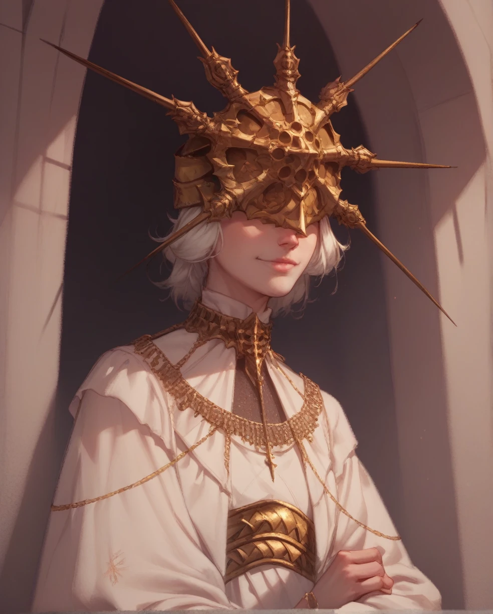 Gwyndolin,white hair,flat chest,gold mask,covered eyes,
gold jewelry,white dress,long sleeves,light smile,beautiful