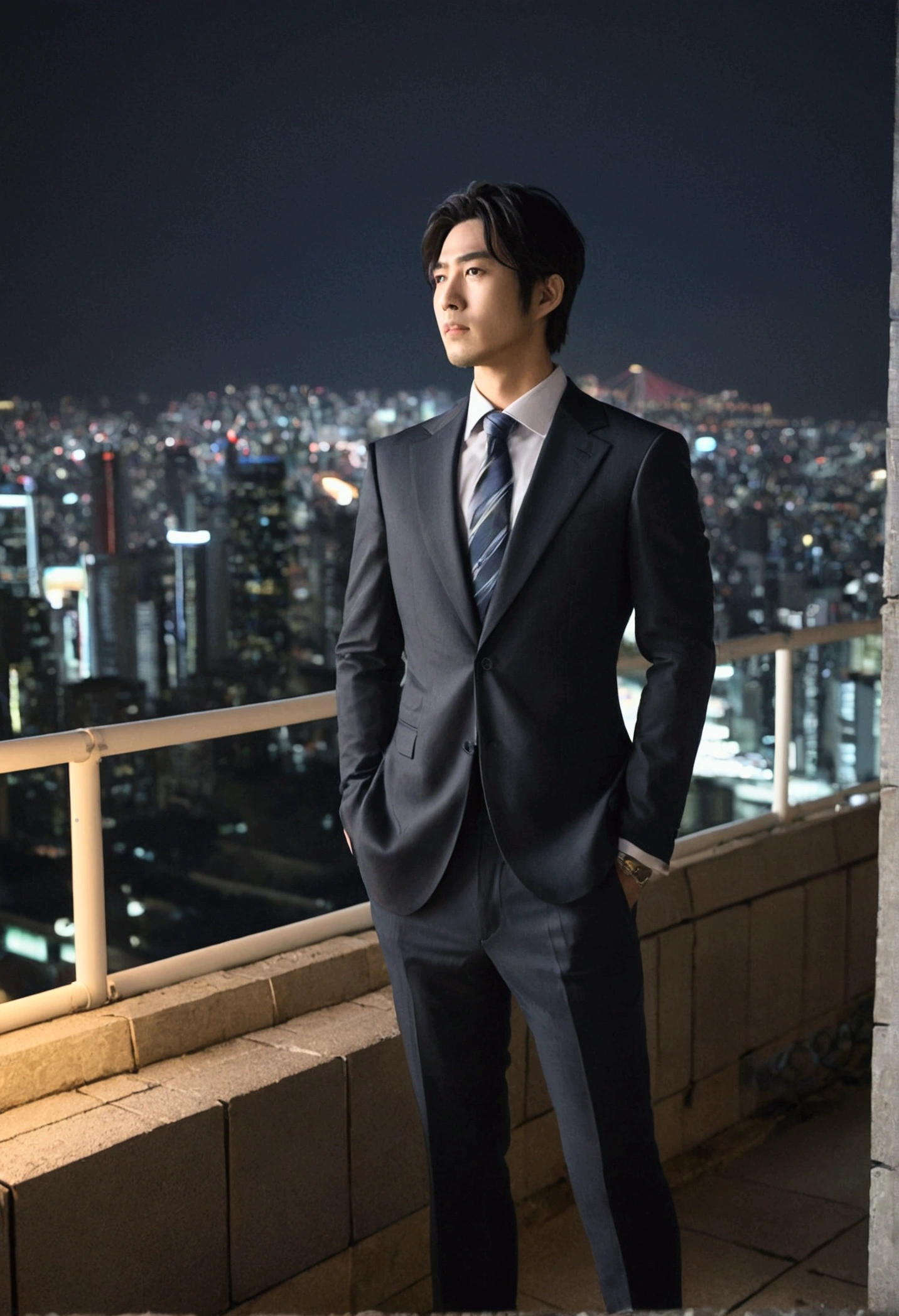 masterpiece,better one_quality,1 Japanese male,Through the Blocks,Business suit,outdoor,city View,night,dramaticangle