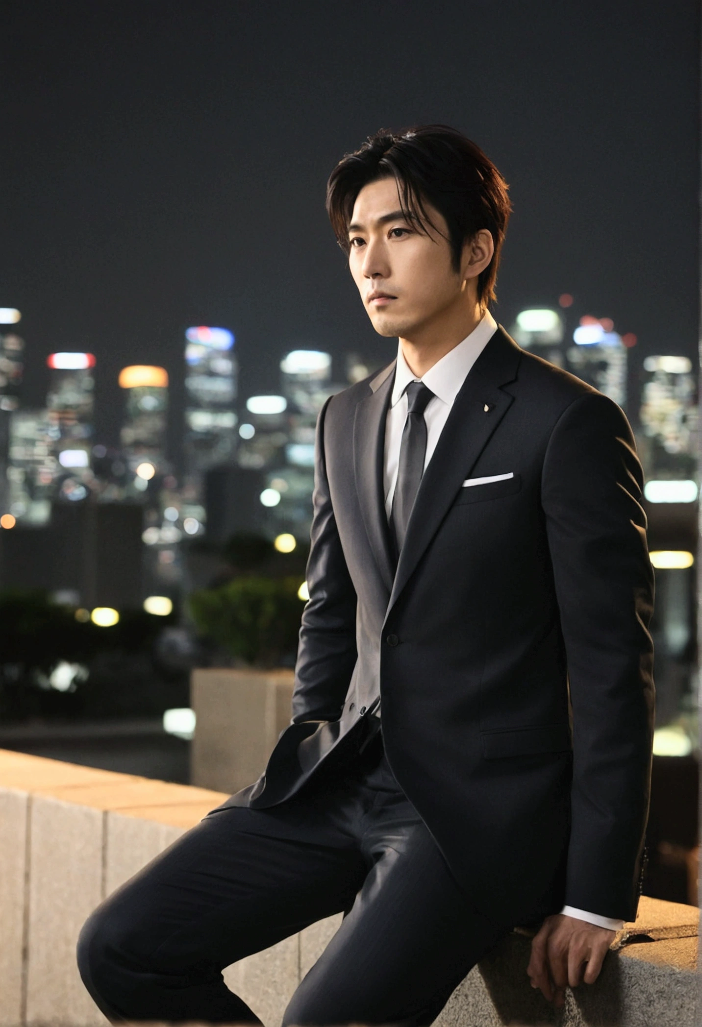 masterpiece,better one_quality,1 Japanese male,Through the Blocks,Business suit,outdoor,city View,night,dramaticangle