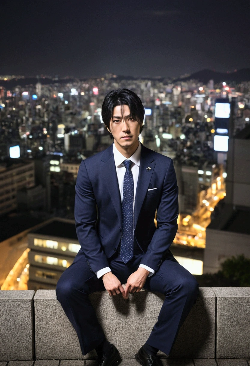 masterpiece,better one_quality,1 Japanese male,Through the Blocks,Business suit,outdoor,city View,night,dramaticangle