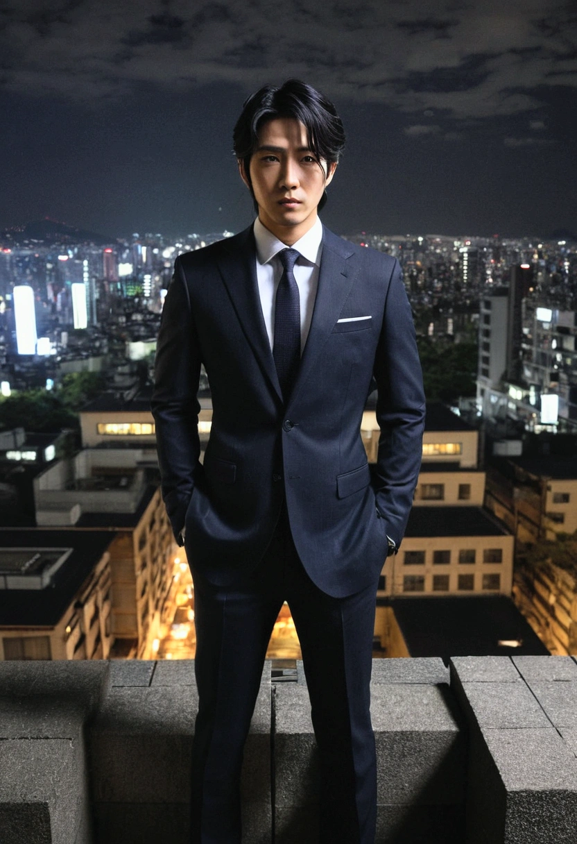 masterpiece,better one_quality,1 Japanese male,Through the Blocks,Business suit,outdoor,city View,night,dramaticangle