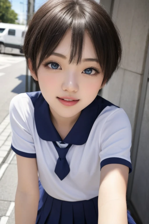 8k,masterpiece, Highest quality, Super detailed, [Perfect shadows and lighting], Detailed Background, incredible high key lighting, Soft indirect lighting,20-year-old women,Gorgeous face,The Face of Japan, lips, compensate, Stylish Hair, Perfect Eyes, Grey Hair, short hair, blue eyes,Small waist Look at the viewer, Fascinating, smile, Open your mouth, Sexy pose,school uniform, street, city, Outdoor, See through, Clothes in small sizes,