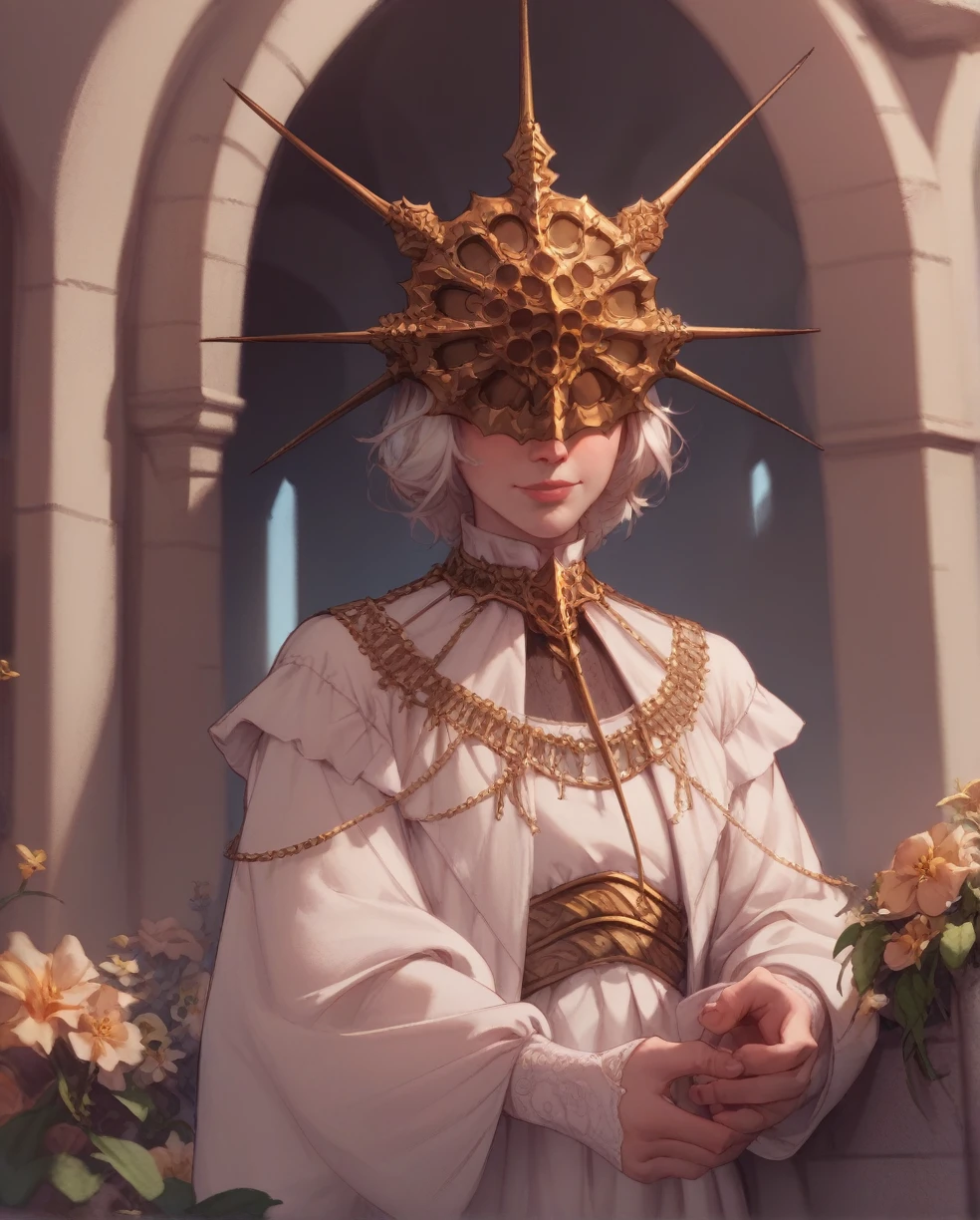 Gwyndolin,white hair,flat chest,gold mask,covered eyes,
gold jewelry,white dress,long sleeves,light smile,beautiful

looking down a balcony with flowers