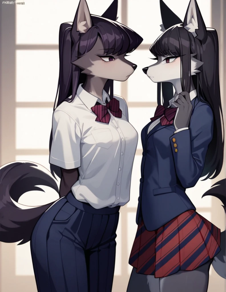 score_9,score_8_up,score_7_up, source_anime, source_furry, Anthro furry wolf girl, Komi Shouko, she is an Anthro furry black wolf, black furry body, wolf snout, black nose, tall and skinny, small breasts, wearing , at a Japanese school,