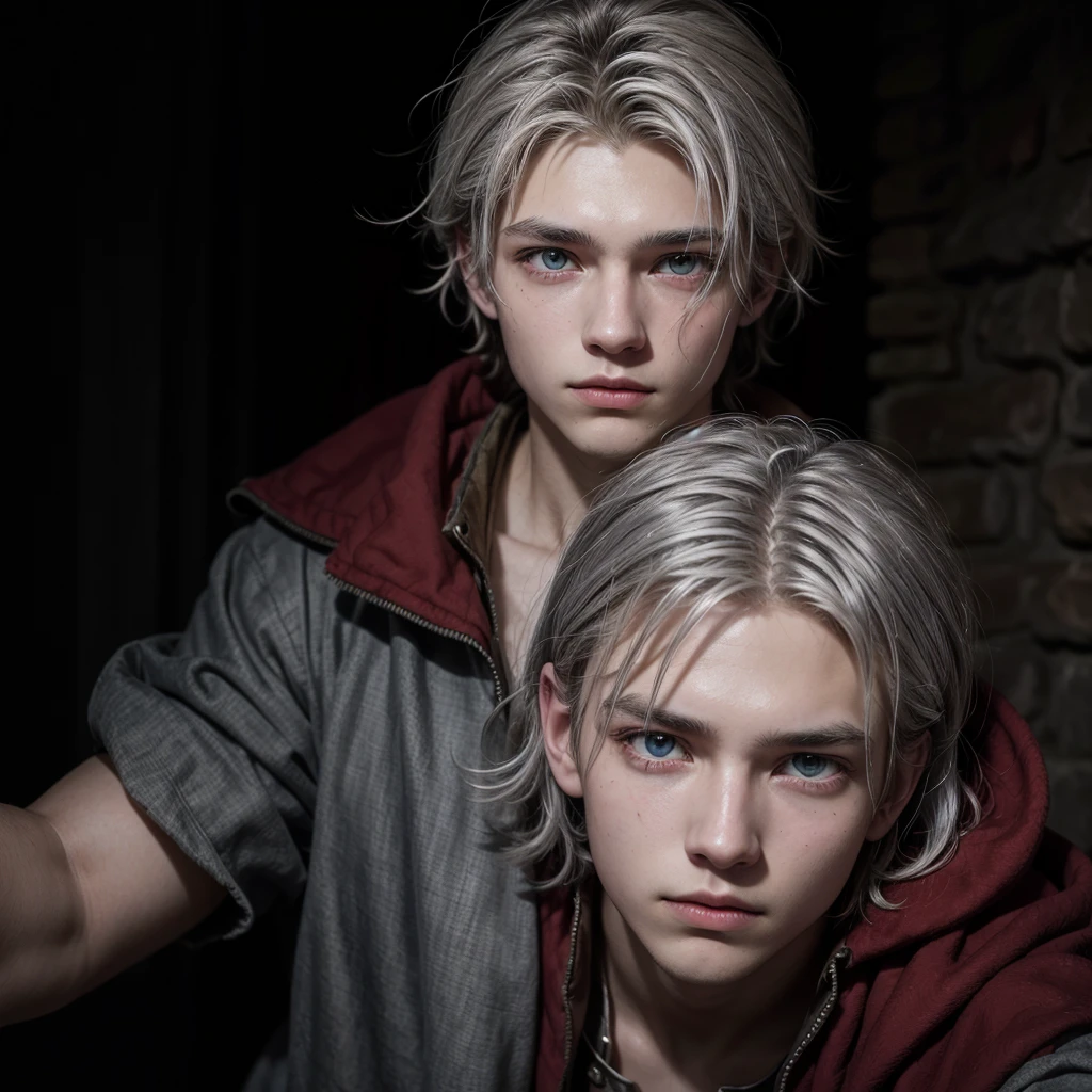 boy, 18 years old, messy silver hair, eerie glowing red eyes, wearing medieval-era adventurer clothes.