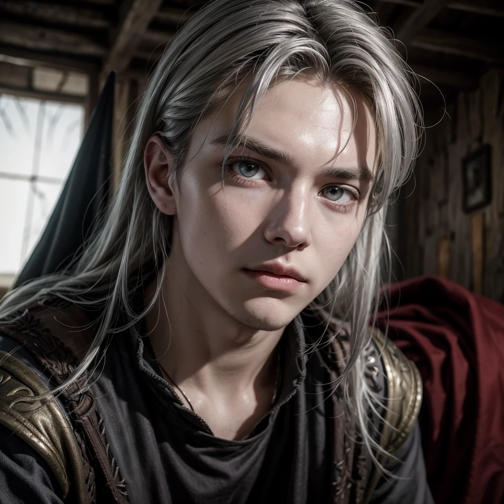 boy, 18 years old, messy silver hair, eerie glowing red eyes, wearing medieval-era adventurer clothes.