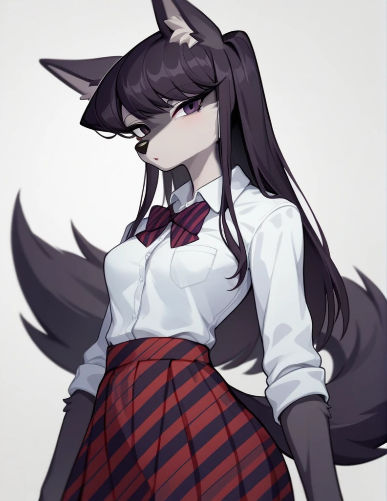 score_9,score_8_up,score_7_up, source_anime, source_furry, Anthro furry wolf girl, Komi Shouko, she is an Anthro furry black wolf, black furry body, wolf snout, black nose, tall and skinny, small breasts, wearing , at a Japanese school,