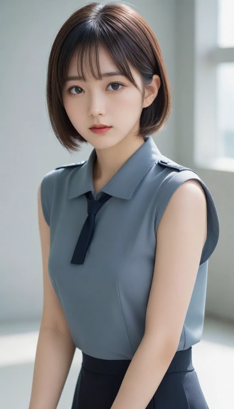 8k, Ultra-high resolution, Highest quality, masterpiece, 三分割法によるphotograph,Surreal, photograph, 1 girl, (19 years old:1.3), pretty girl, Cute Face, Beautiful eyes in every detail, 細かくdetailedに,masterpiece,One Girl:1.2,Japanese female officers,whole body,Serious expression,Black short hair,Bob with bangs,Pencil Skirt,uniform,SS uniform,Hugo Boss,Sharp contours,Looking down,Gray background, Light from above, Low contrast, Perfect and beautiful face ,完璧でCute Face, Skin with attention to detail, Perfect limbs、Tight waist,Looking at the audience,(((Ideal body type))),A-cup small breasts :2,Portraiture:2,Perfect Anatomy,鮮明なdetailed,detailed,Surreal,Light and shadow,Shine、(Nipples are visible),(Small areola),(I can see your chest),(Flip up your shirt)