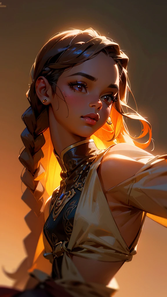 A cute brown-skinned femboy with braided hair, striking a girly pose, ebony skin, cherry lips, detailed facial features, intricate hairstyle, high-quality detailed portrait, photorealistic, cinematic lighting, warm color palette, seamless blend of realism and fantasy