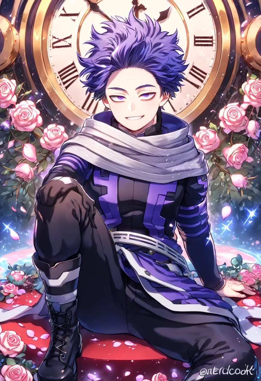 absurdres, highres, ultra detailed, HDR, masterpiece, extremely detailed, Shinsou Hitoshi, indigo hair, messy hair, expressive purple eyes, Boku No Hero Academia, solo, sexy man sitting, handsome, smile, sensual, horny, gray scarf, black hero clothes, water, magical, fantasy, glittering, shining, pink roses, blossoms, petals, in woderland, clock