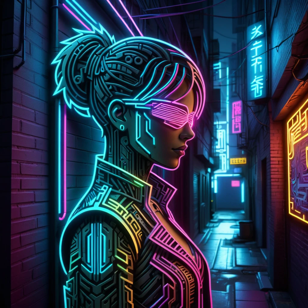 woman, glowing papercut,  mad-cybrpprct1, cyberpunk, alley, neon lights (masterpiece:1.2), best quality, (hyperdetailed, highest detailed:1.2), high resolution textures