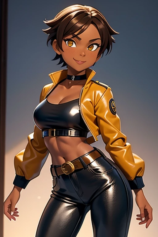8K, (best quality, masterpiece:1.3), (detailed:1.2), 1girl, solo, 26 years old, tomboy, (shiny skin), midriff, (tan-bronze skin), (Yellow eyes), short brown hair, medium breasts, (Cleavage), (Wearing: blue jacket, choker, Strapless black top, Belt, Black shiny leather pants), tight fitting clothing, piercings, toned, hourglass figure, athletic, snarky expression, wide smile, (agile physique:1.1), (Character Focus),Perfect Anatomy, Looking at Viewer