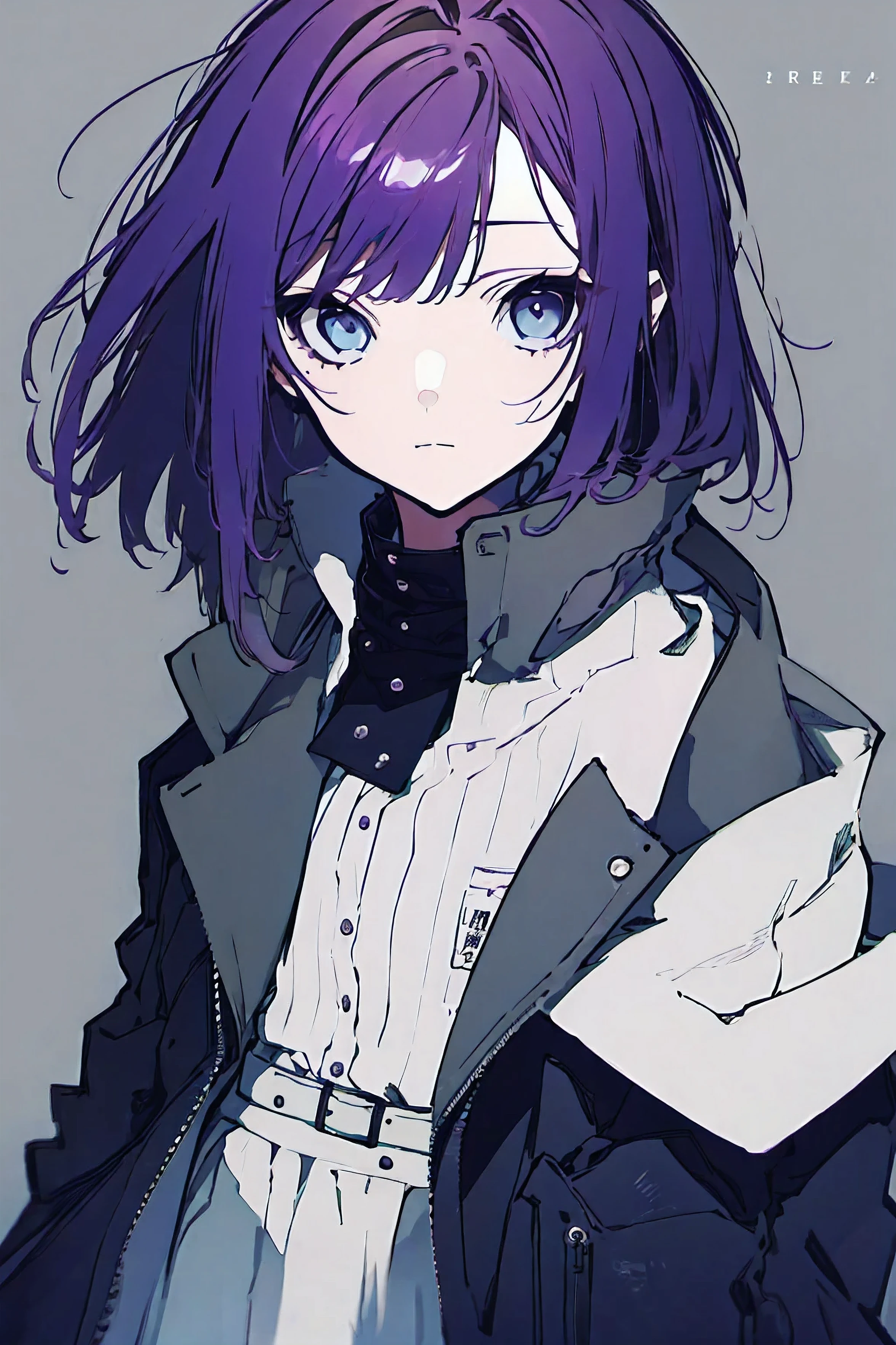 One Girl, Highest quality, Purple Hair、Black leather coat、Bright blue and white eyes、Determined eyes、depression、I'm thinking、About 15 years old、Dark clothing、The eyes are a little shiny