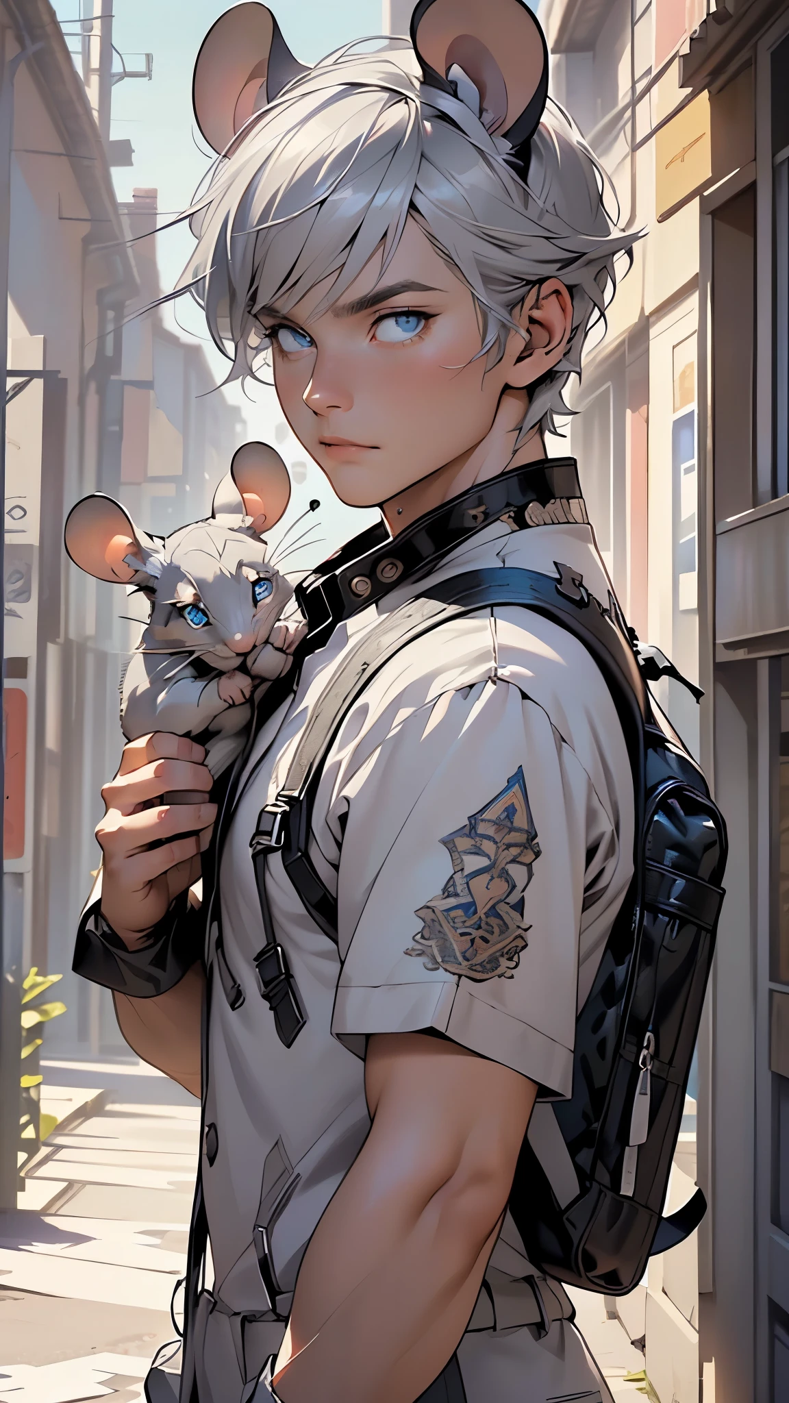 ((man with mouse ears)),(man:1.5),1 man,adventure man,(((1man))),((man with gray hair)),((((mouse ears,mouse ears on head,big mouse ears)))),
16 years old, male character, gray hair, ((slightly short hair:1.3)),adventurer,muscular body,heavy muscular body,((adventurer mouse man)),
(((1male,male,male gender:1.5,male focus))),macho man,hero,
(((lustrous skin:1.5,tanned skin,bright skin: 1.5,skin tanned,shiny skin,very shiny skin,shiny body,illuminated skin))),(((blue_eyes:1.2))),intricate eyes,beautiful detailed eyes,symmetrical eyes,((man chest)),((muscular)),(((detailed face))),
nsfw,
((backpack on his back, wearing adventure gear,hiking clothes,Wearing adventurous gear)),((intricate outfit,intricate clothes,embroidered outfit,ornate outfit,embroidered clothes,ornate clothes,silver embroidery)),
(dynamic pose:1.0),solo focus,((smug)),(centered,scale to fit dimensions,Rule of thirds),
inside,indoor,((palace in Russia, palace in Russia background)),scenery:1.25,((intricate scenery)),
(Glossy Russian ornaments),highres,sharp focus,(ultra detailed,extremely detailed),(photorealistic artwork:1.37),(extremely detailed CG unity 8k wallpaper),(((vibrant colors,vibrant theme))),(intricate),(masterpiece),(best quality),artistic photography,(photography taken by sldr),(intricate background),perfect rendered face,perfect face details,realistic face,photo realistic,((intricate detail)),(((realism))),