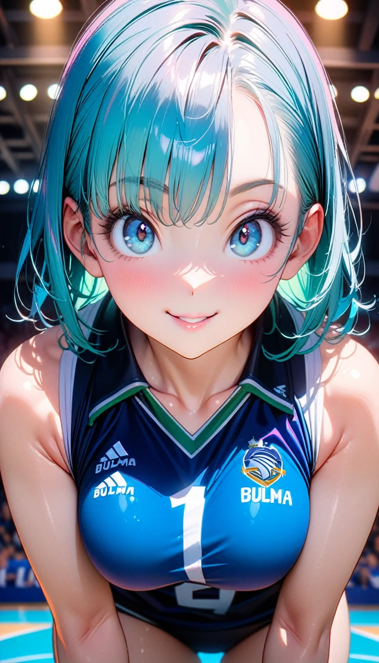 (8k, masterpiece), high resolution, high quality (best quality), very detailed, bulma, looking at you, seductive look, sexy smile, volleyball uniform, Upper part of the body, bent over, in a women's volleyball game, spectacular dynamic lighting, beautiful eyes, delicate face, detailed skin, detailed breasts, detailed wallpaper, Eyes,Beautiful eyes