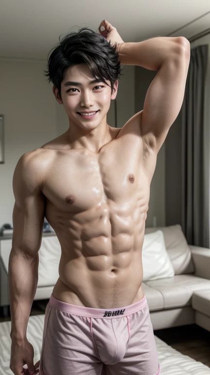 Japanese men、、Underdeveloped muscles and smooth skin Grey thin boxer briefs、The whole body is visible、Posing in the living room、A cheerful smile、Undercut black hair with pink crown