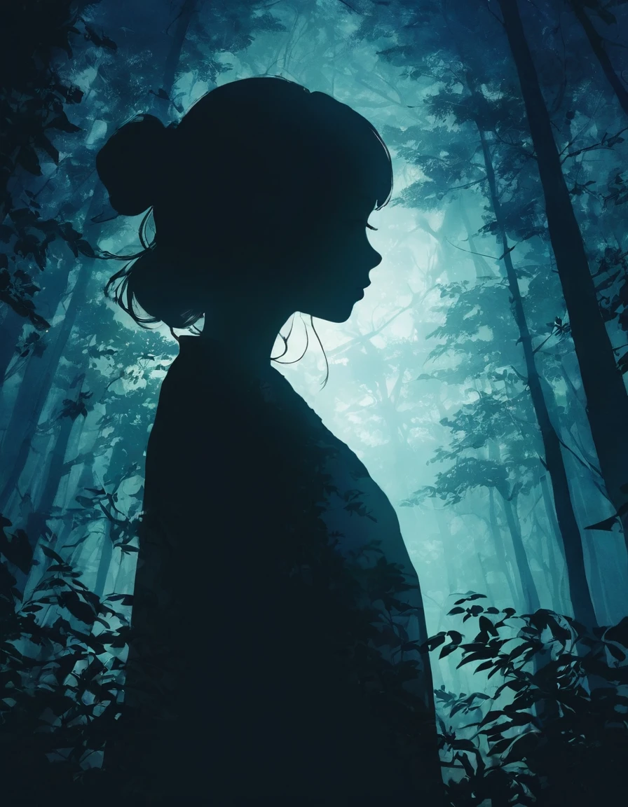 Silhouette of a girl, In the dark forest、close, Double Exposure, The background is a gradation、