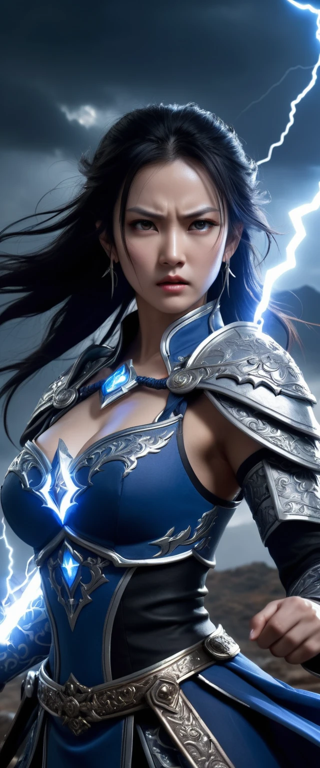 A powerful female character from Battle Through the Heavens with long, flowing black hair, wearing a majestic, intricately designed (((blue and silver))) battle outfit. She wields a ((glowing staff)) with ornate patterns and emits a fierce aura. Her expression is ((determined)) and focused, with intense eyes and a strong stance.Set in a dramatic, high-stakes battle scene with a stormy sky, ((lightning crackling)) in the background, and a rugged, mountainous terrain. The atmosphere is tense, with dark clouds and a sense of imminent conflict.The character is positioned prominently in the foreground, with the staff raised and lightning illuminating her figure. The background is slightly blurred to emphasize depth of field and enhance the dramatic effect.High detail with dynamic lighting effects to highlight the character’s glowing staff and powerful presence. The image should have high contrast to accentuate the battle scene's intensity.Inspired by traditional Chinese fantasy art with a focus on detailed armor and dynamic action poses.There may be remaining hope and desire for  and a way out of this turbulent and oppressive environment in her eyes., cleavage exposed, big breasts, superior quality, many details, Puri focus  Sharp and realistic