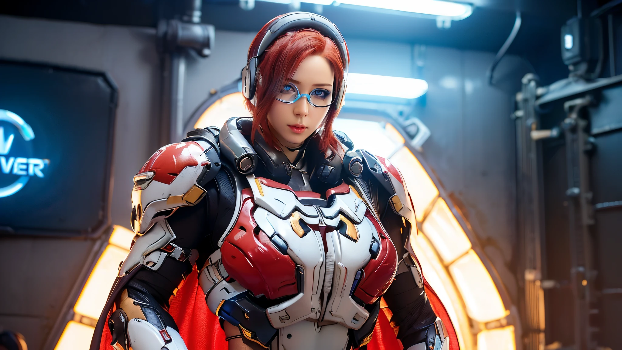 Cosplayer_Queen, CLOSE UP UPPER BODY,solo, COWBOY SHOT, ((E-SPORT HEADPHONE, CAUCASIAN SHORT RED HAIR:1.4)), (GIGANTIC FAKE BREASTS,11 LINE ABS:1.5), (TIGHT FUTURISTIC MECHA BODYSUIT OVERWATCH, ROYAL LONG CAPE:1.5), (MUSCULAR BODY SHAPE:1.5), (CLEAN GLOSSY BODYSKIN:1.5), (LOOKING AT VIEWER:1.6), (BACKGROUND FUTURISTIC SPACE STATION:1), (Photorealsitic:1.4), (Ultra-detail), (TOP-QUALITY), (BEST SHADOWS), BRIGHT LIGHT IN ROOM, HYPER TEXTURE, (4X MSAA), ((UNREAL ENGINE 5 RENDER)), (NEON), PHYSICALLY-BASED RENDERING, ULTRA HIGHT DEFINITION, 16K, 1080P.