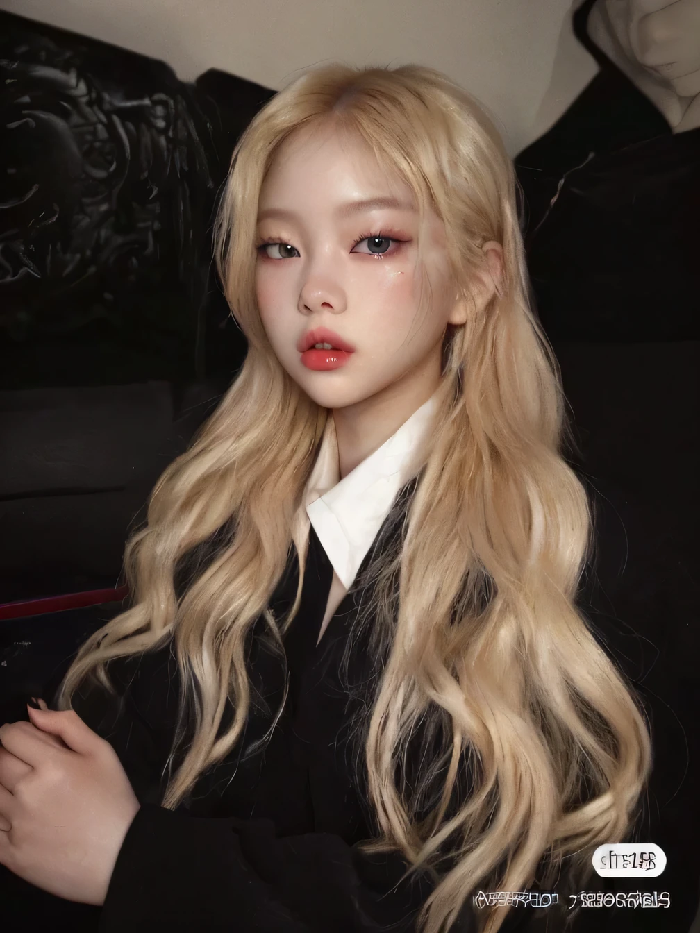 jennie blackpink, blond hair, Wavy, full lips, doll lips, seductive eyes, Pale skin, Beautiful asian female, light eyes, dominant sexy female energy, white skin, pretty JENNIE.
