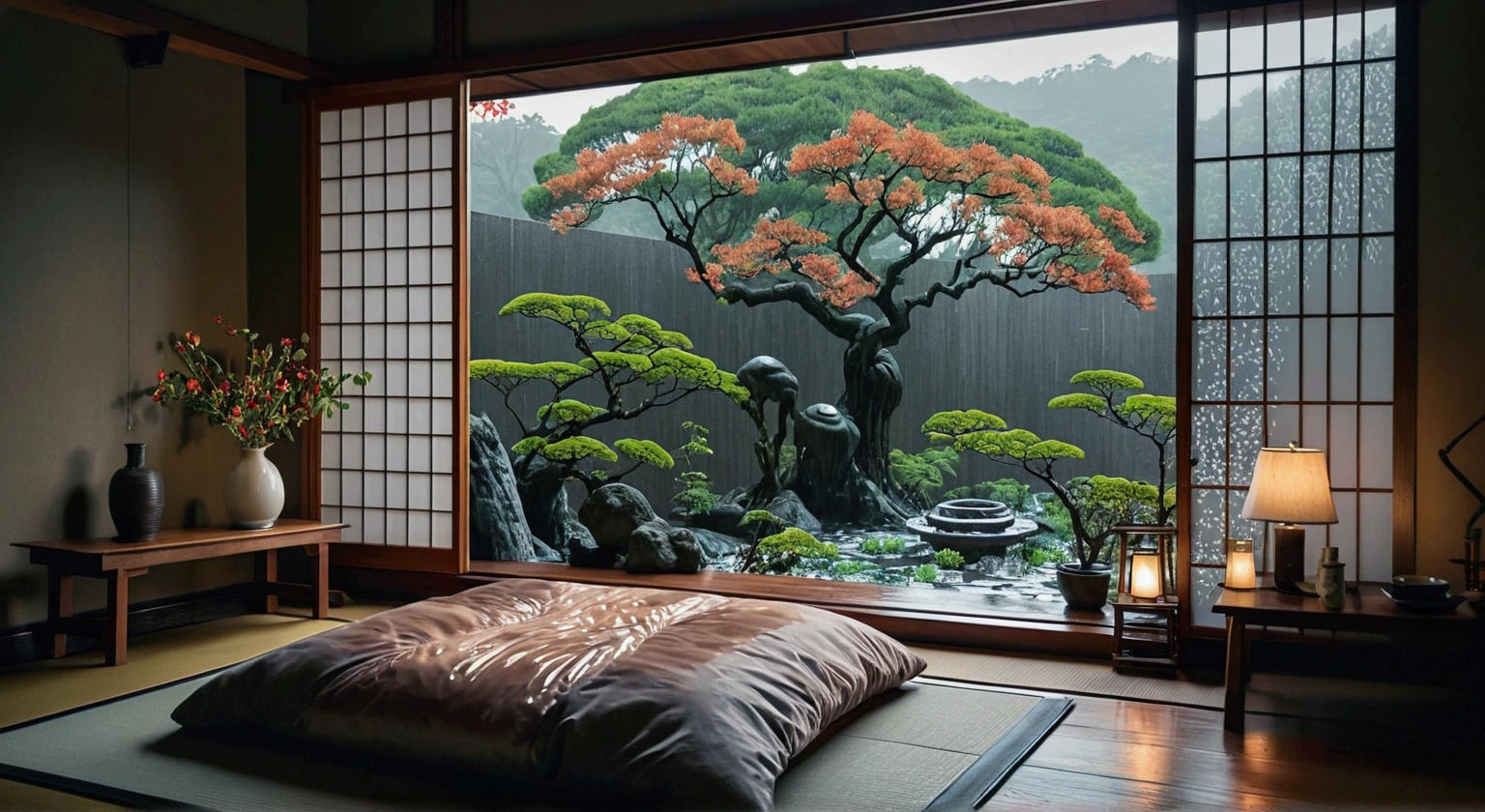 A traditional Japanese bedroom with a scenic landscape view through the window. The room features a tatami mat floor, wooden beams, and a large window overlooking a lush garden with a twisted tree silhouetted against a dramatic sky