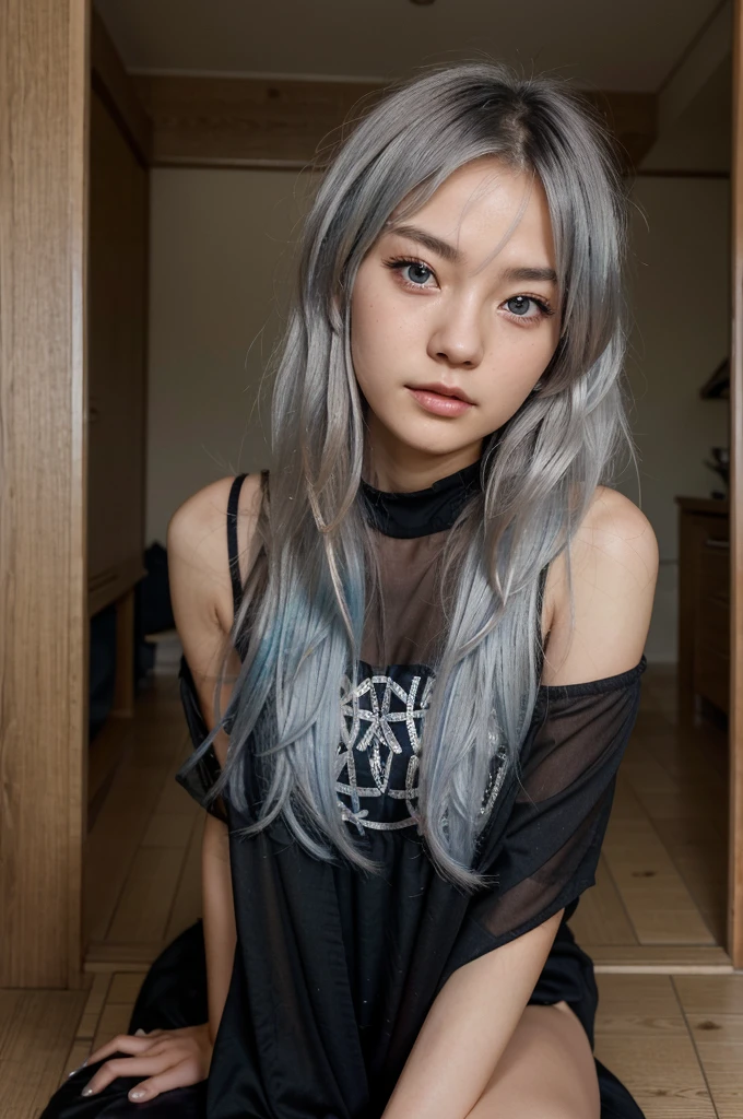 4 k realistic, 20 years old, a beautiful Japanese girl with blue eyes and silver hair, gram, naturey, Messy hair, long hair, with a beautiful black dress