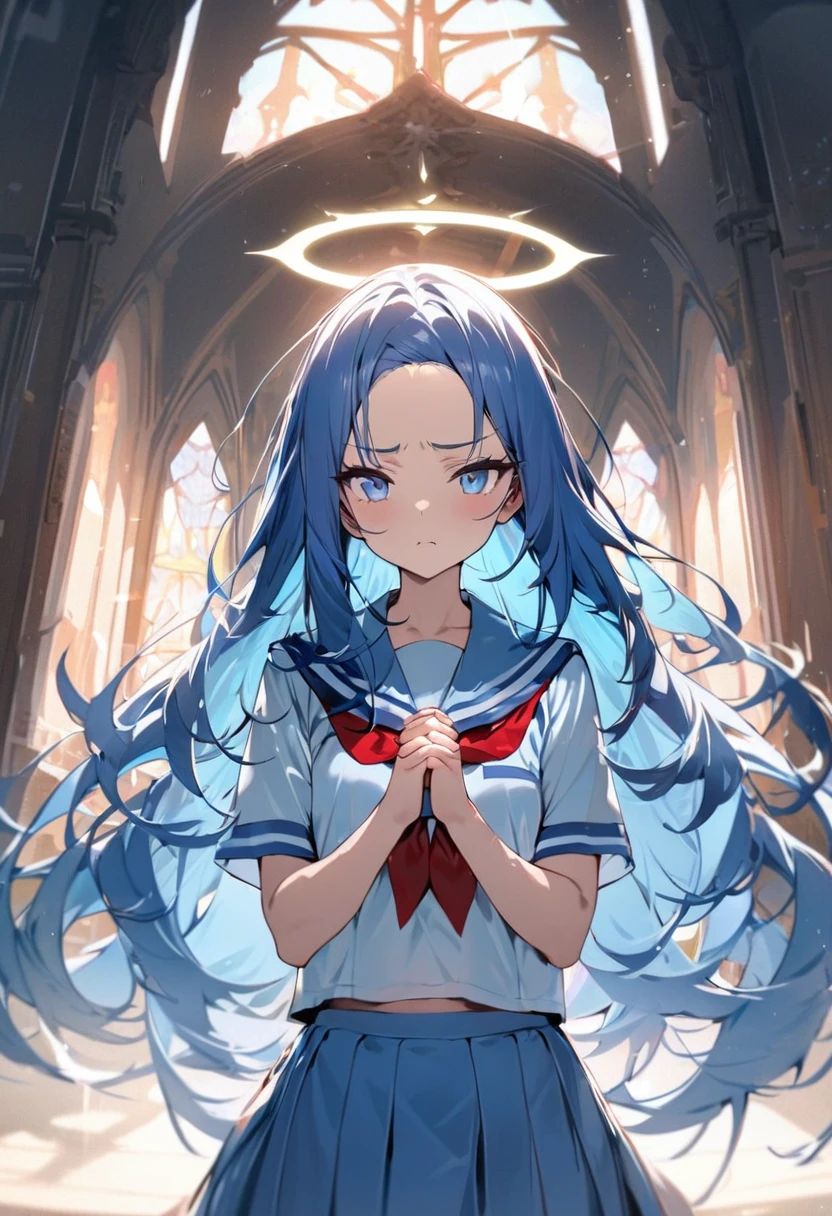 (serious praying style) (Hands together in prayer pose), (solo:2, 15 yo) (beautiful detailed forehead) (beautiful blue hair long hair) (immensely cute girl) (cute blue eyes) (serious face), in a summer school sailor suit, skirt, red ribbon, break, in the Church Prayer Room, background Halo church with double exposure white glow, break, perfect anatomy, masterpiece, best quality, 16k, beautiful detailed grow, daydreaming expression.