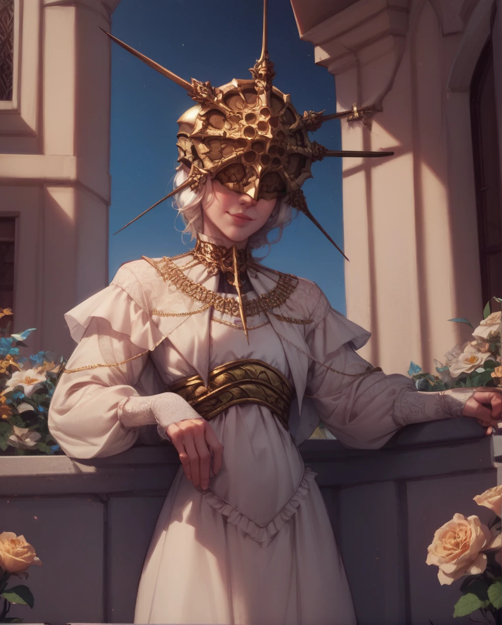 Gwyndolin,white hair,flat chest,gold mask,covered eyes,
gold jewelry,white dress,long sleeves,light smile,beautiful

looking down a balcony with flowers, night sky