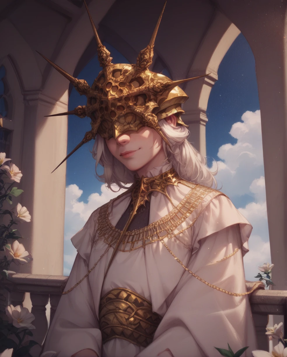 Gwyndolin,white hair,flat chest,gold mask,covered eyes,
gold jewelry,white dress,long sleeves,light smile,beautiful
looking down a balcony with flowers, night sky