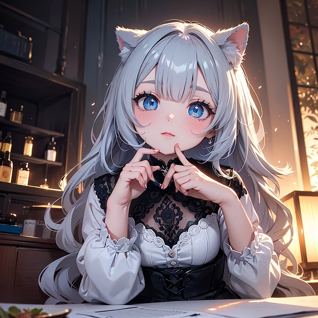 silver hair, dog ears, white dress,wavy hair,delicate features quiet gaze,beautiful half body illustration,beautiful backgraund,atmospheric lighting,sharp focus,vlumetric lighting,cute face,reduce saturation,fine detailed face,small nose and mouth,volumetric top lighting,bold line painting, soft shadow,((masterpiece, best quality)), (1girl), (solo), (female focus),small breasts,flat tits,Lolita,short height,skinny girl,blue eyes,open legs,animal ears,
