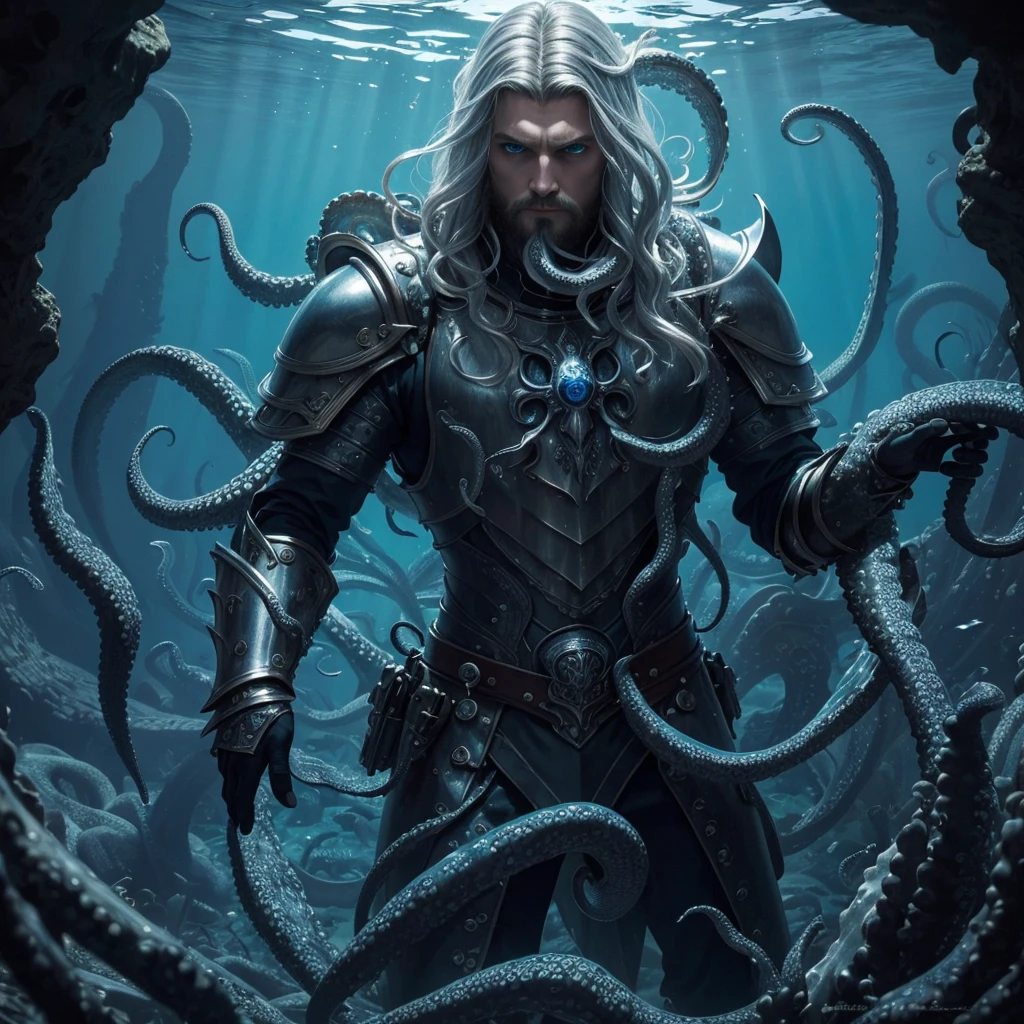 (extremely detaile, tmasterpiece, Best quality, Under the ocean), in dark style, Volumetric illumination. Medieval armor, Beautiful man,meta human, silver hair,blueeyes,, Tentacle, deformation, underwater image, Threatens the octopus beak. Ink stains. Rococo composition. Caravaggio's light