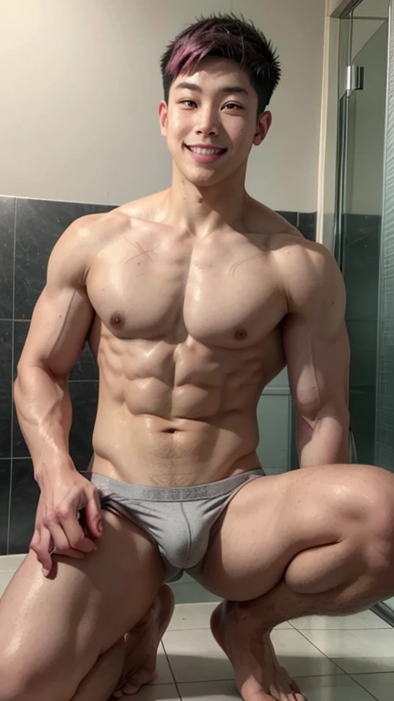 Japanese men、、Muscles and smooth skin、Undercut black and pink hair、Relaxed and friendly smile、Light grey boxer briefs、The whole body is visible from toes to head、Posing in the bathroom、