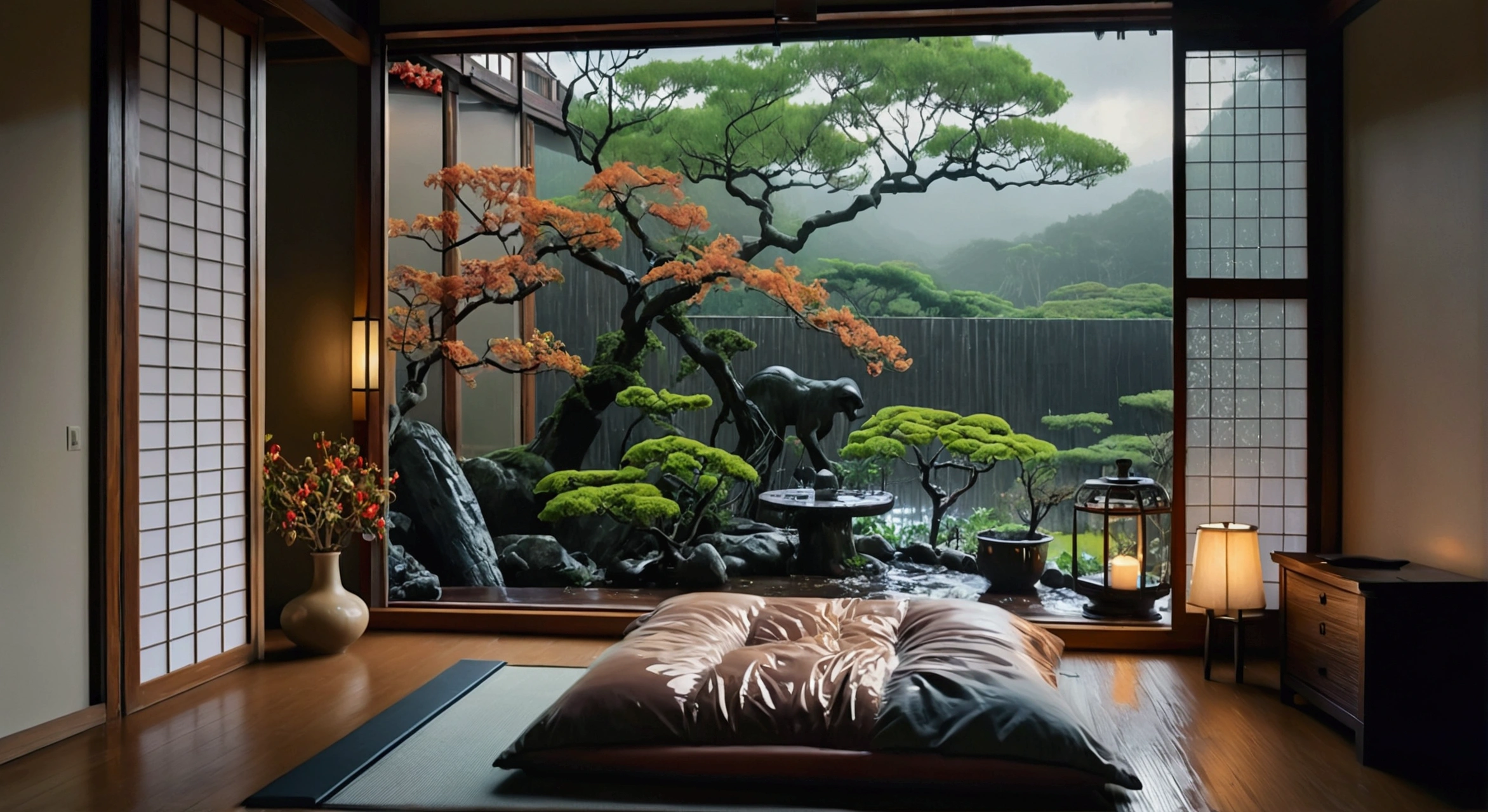 A traditional Japanese bedroom with a scenic landscape view through the window. The room features a tatami mat floor, wooden beams, and a large window overlooking a lush garden with a twisted tree silhouetted against a dramatic sky