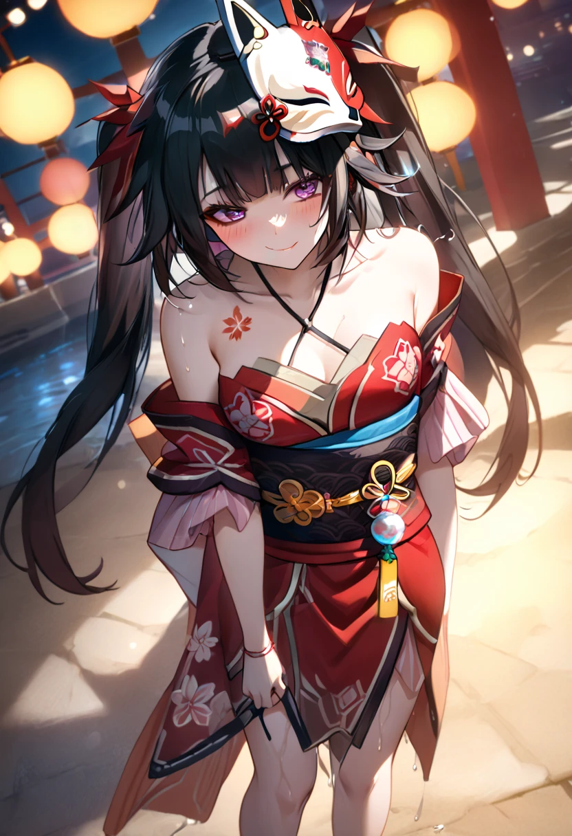 woman, huahuo, 1girl, single_glove, mask on head, sash, black hair, twintails, purple eyes, obi, (fox mask:1.1), single glove, japanese clothes, (Cherry blossom tattoo, chest tattoo:1.1), (standing:1.5), (wetting herself:1.5), best quality, ultra-detailed, HDR, studio lighting, professional, vivid colors, sharp focus, bokeh, landscape, casino, neon lights, soft lighting, dynamic shadows, (embarrassed:1.25), (humiliation:1.25), (blushing:1.25), (naughty face:1.25), (seductive expression:1.25), facing viewer, (hands on hips:1.5)