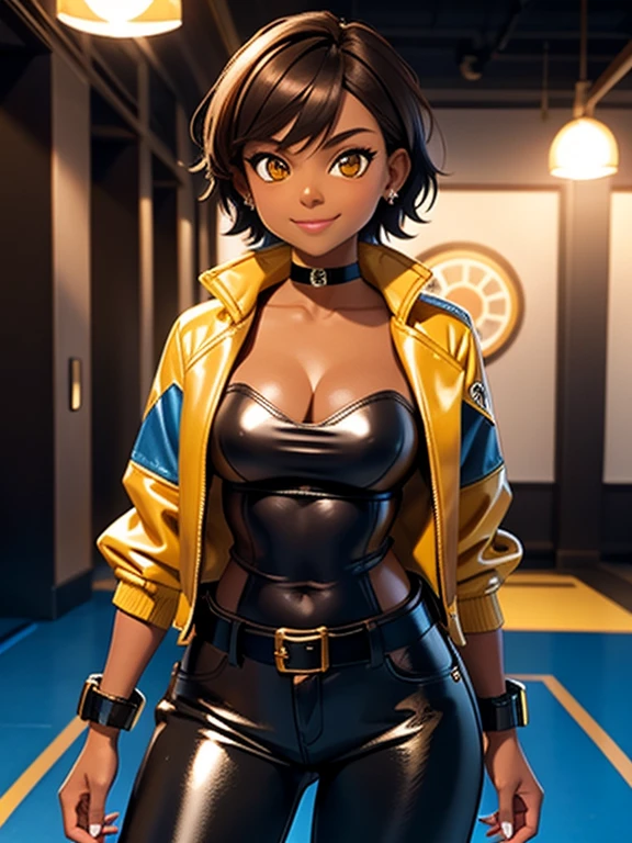 high quality, extremely detailed, perfect face, 1girl, solo, 26 years old, tomboy, (shiny skin), midriff, (tan-bronze skin), (Yellow eyes), short brown hair, medium breasts, (Cleavage), (Wearing: blue jacket, choker, Strapless black top, Belt, Black shiny leather pants), tight fitting clothing, piercings, toned, hourglass figure, athletic, snarky expression, wide smile, at rave, nightclub,