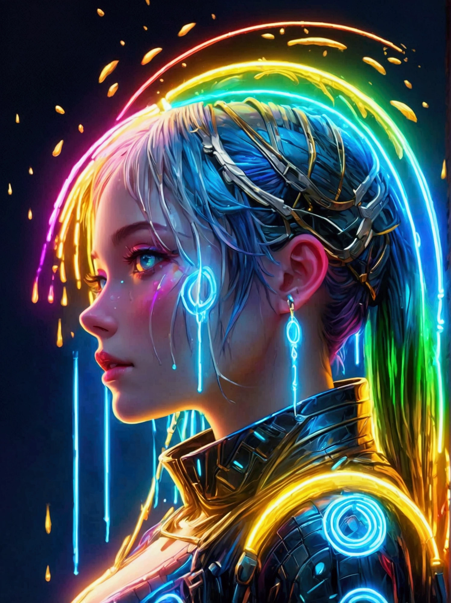 Neon, Glowing Neon, Cyberpunk girl profile，whole body像，Golden Light，Golden Raindrops，Blood stains the earth，Blue and white porcelain texture, (Body rainbow color Neon trail formation:1.3)，surreal，fantasy，Stunning，Vision，whole body