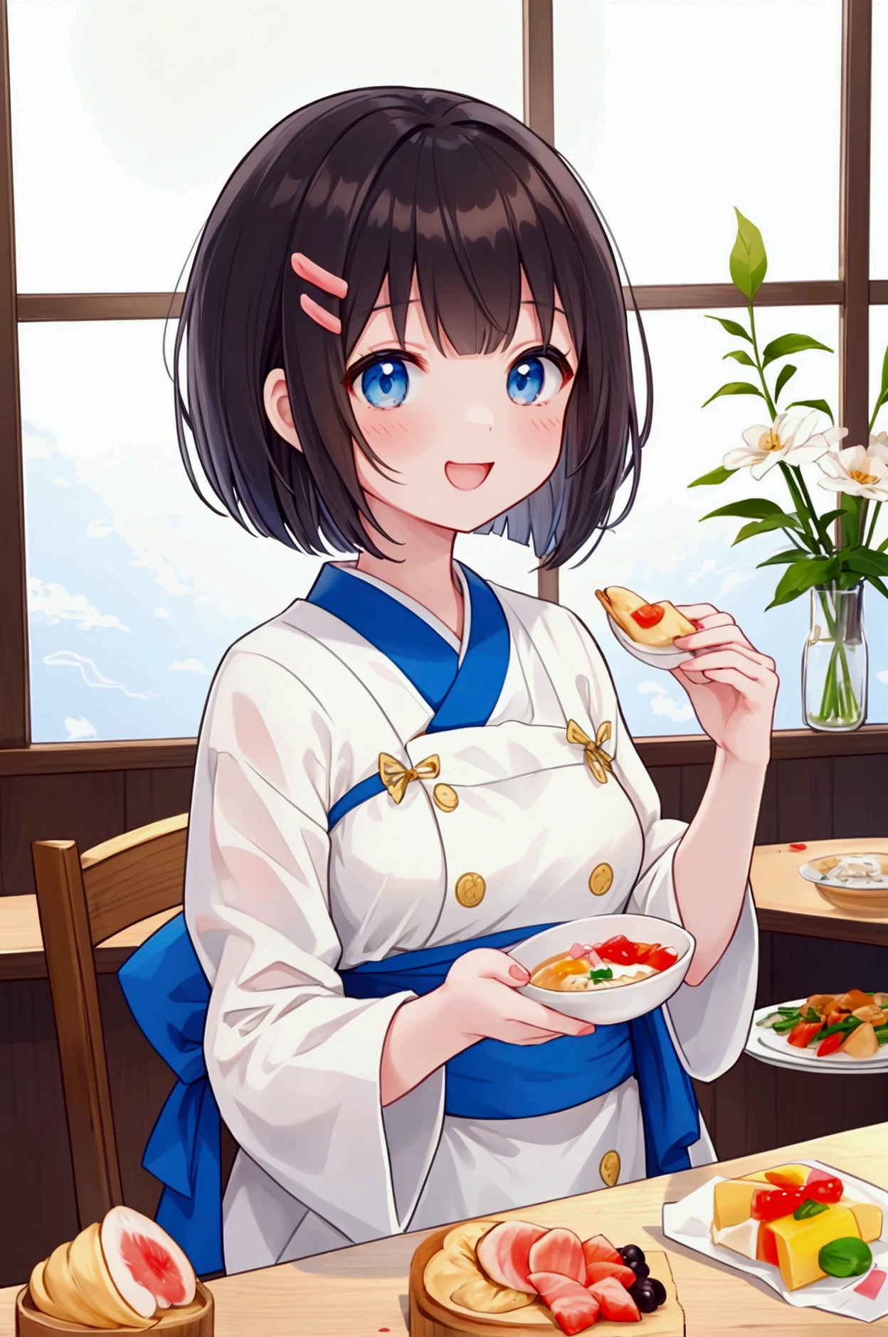 Highest quality、Highest Resolution、Highest quality、16K、朝食にhamを食べる1人の美しい女性、Cute face、Delicate face、Looks happy、Bob cut hair、Dark Hair Color、Pale blue eyes、Beautiful breasts、Beautiful Nails、hamを食べる、ham、delicious、breakfast、