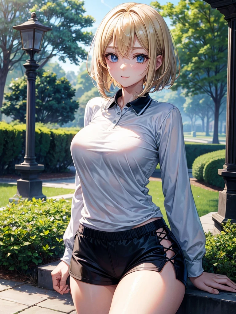 Anime style, super fine illustration, highly detailed, beautiful detailed, pale tone image, static representation, gentle expression, 8k, pretty 1girl with blonde straight short hair & blue eyes & a bright smile & full bust & soft fair skin is wearing the black polo shirt  & sportshorts, in the park, in the morning, in the brilliant particles of lights, romantic stories, solo, perfect 5fingers, perfect arms, perfect legs, masterpiece.