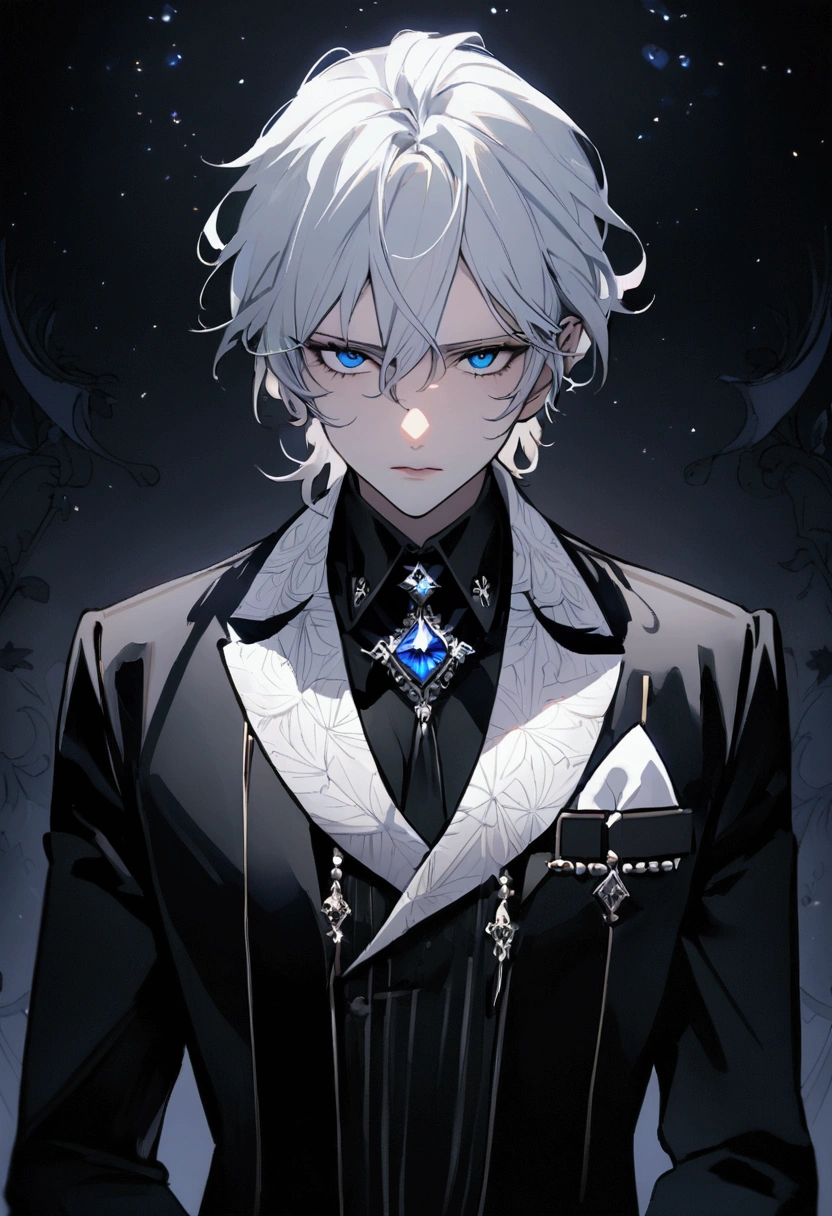 He wears an elegant black suit reminiscent of classic mafia attire., Be the center of the scene. His silver hair shines brightly, It creates a striking contrast with his dark outfit.. Only the eyes can penetrate the darkness. These eyes are a captivating blue, Shining brightly with an unwavering, stern gaze. The background is a black and white pattern, Add a striking impact to your images.