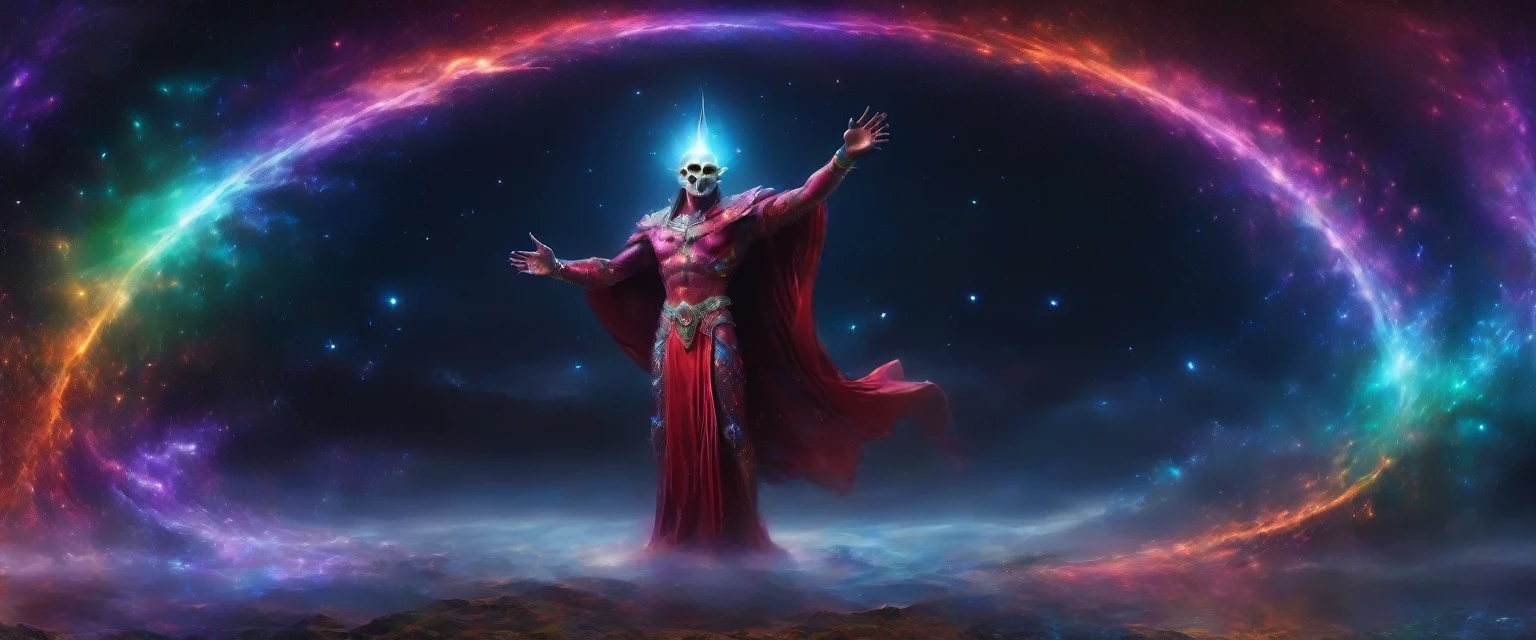 masterpiece,deity, ancient being, tall, horns forming a crown, extraterrestrial, humanoid body, omnipotent, semi-naked, long violet-black and red cloaks that partially cover the body, unnatural skull for a head, fissures for eyes, bare head, the universe in its hands,very thin,almost in the bones, full body,the cosmos in hand,claws