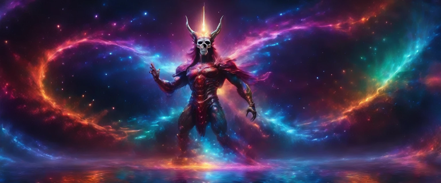 masterpiece,deity, ancient being, tall, horns forming a crown, extraterrestrial, humanoid body, omnipotent, semi-naked, long violet-black and red cloaks that partially cover the body, unnatural skull for a head, fissures for eyes, bare head, the universe in its hands,very thin,almost in the bones, full body,the cosmos in hand,claws