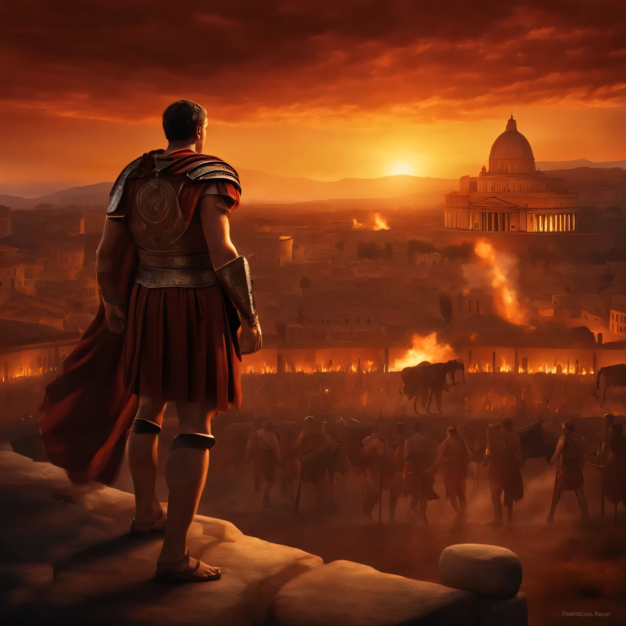 Threatening fire engulfing ancient Roman city. sunset. historical rome. 1st century. Praetorians at a distance. spartacus warrior, (((Colosseum)), animated cartoon, gladiator, give a dark tone,