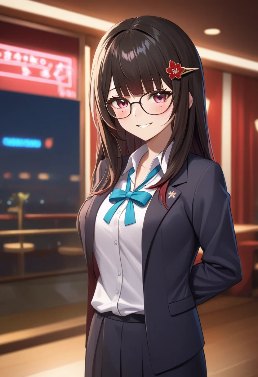 woman, sparkle_\(honkai:_star_rail\), 1girl, white_shirt, collared_shirt, black_jacket, open_jacket, blazer, school_uniform, neck_ribbon, blue_ribbon, glasses, hairclip, (standing:1.5), (wetting herself:1.5), best quality, ultra-detailed, HDR, studio lighting, professional, vivid colors, sharp focus, bokeh, landscape, casino, neon lights, soft lighting, dynamic shadows, (embarrassed:1.25), (humiliation:1.25), (blushing:1.25), (naughty face:1.25), (seductive expression:1.25), facing viewer, (hands on hips:1.5)